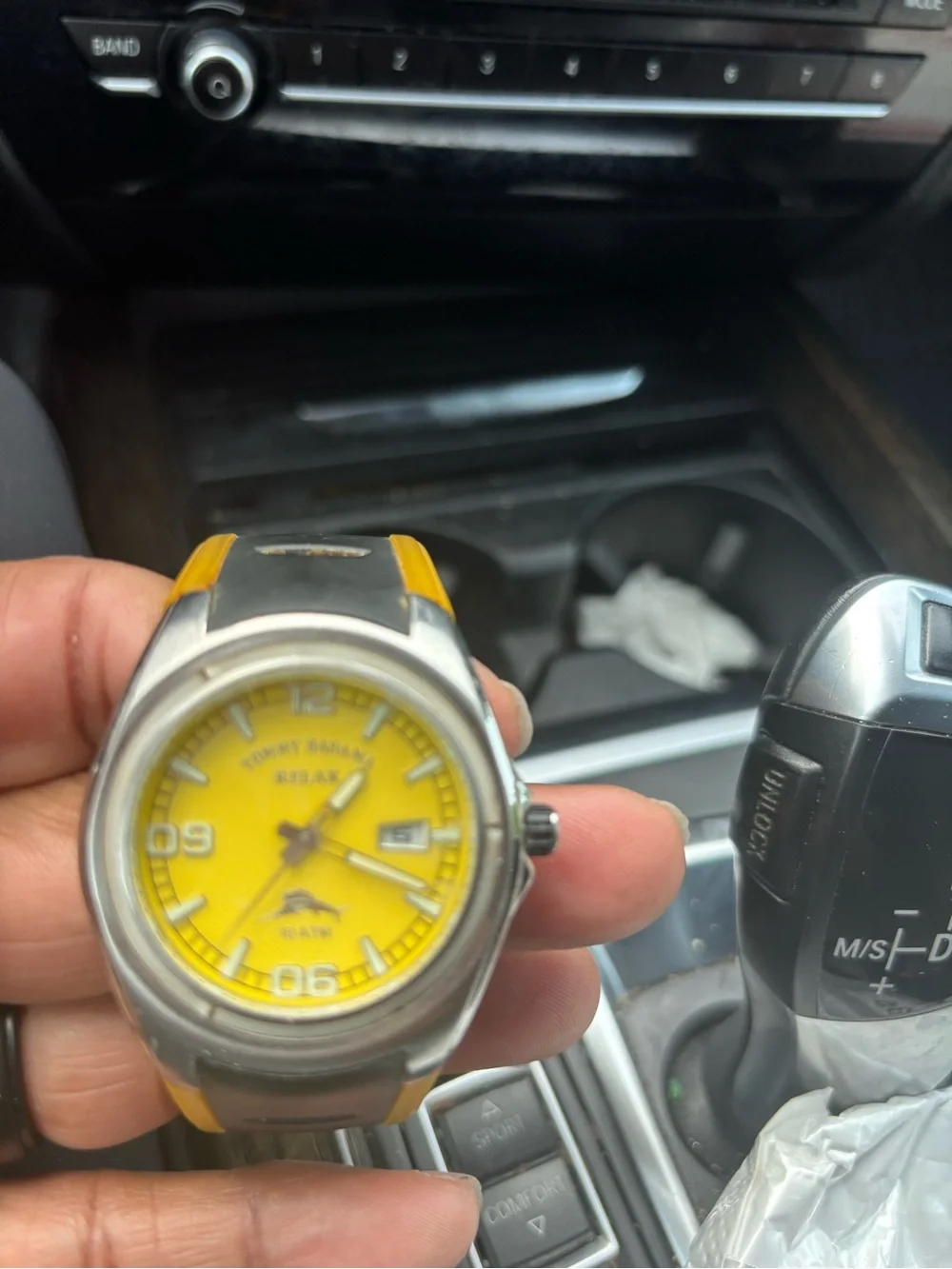 Tommy Bahama Yellow Dial Stainless Sport Watch with Black/Yellow Strap